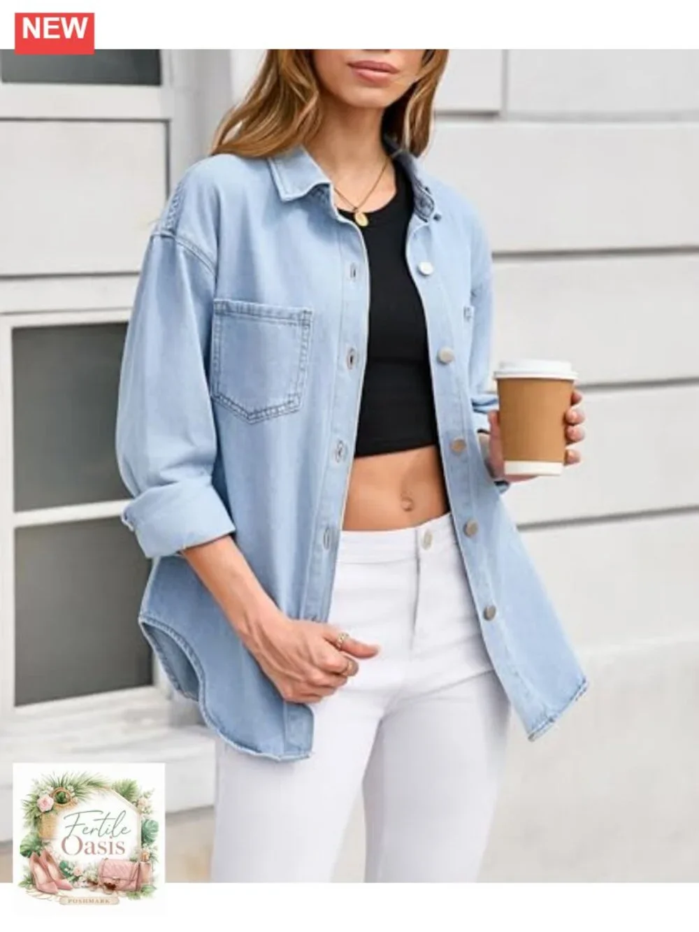 Oversized Denim Shirt Shacket Long Sleeve Jean Jacket Coat